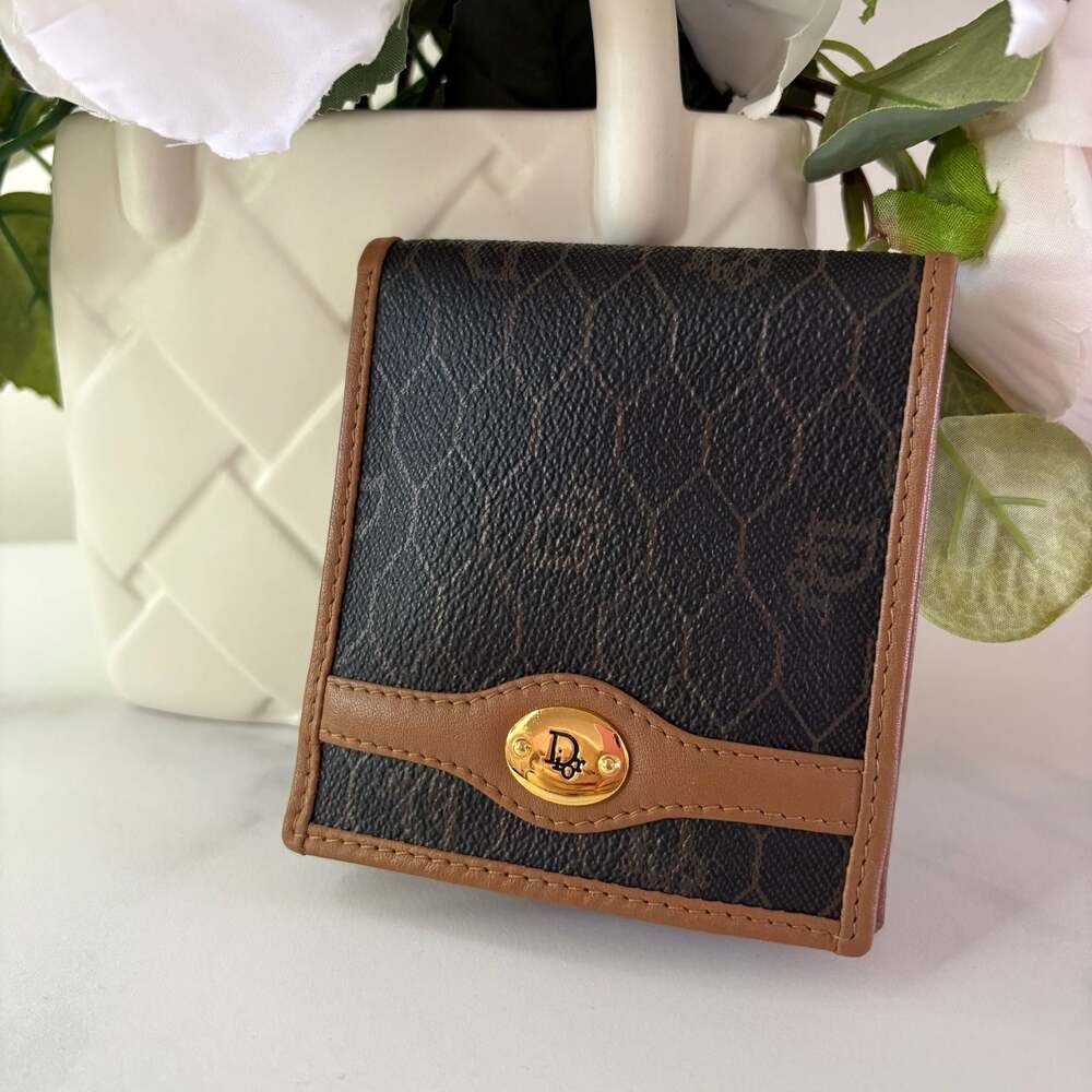 Christian Dior Vintage Honeycomb Canvas Bifold Wallet with Coin Pocket